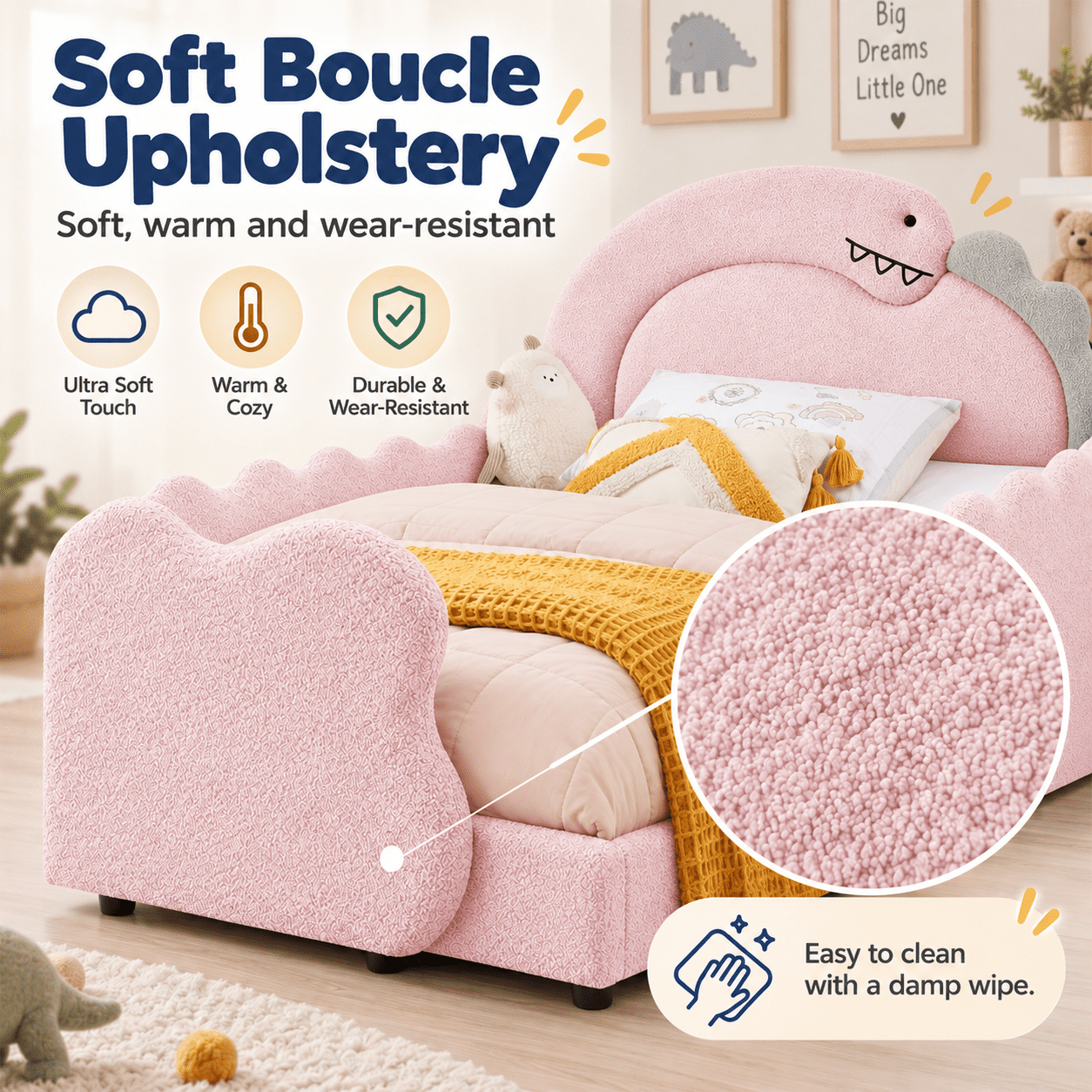 Wakefit Twin Size Dinosaur Bed for Kids with Safety Guardrails,Boucle Upholstered Platform Bed Frame with 3D Dinosaur Headboard,Floor Bed for Boys & Girls,No Box Spring Needed,Pink