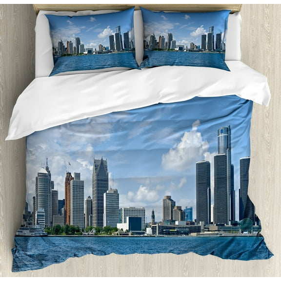 Detroit Duvet Cover Set, Downtown Detroit GM Renaissance Center Ford Auditorium Shoreline Image, Decorative 3 Piece Bedding Set with 2 Pillow Shams, Queen Size, Pale Blue White Grey, by Ambesonne