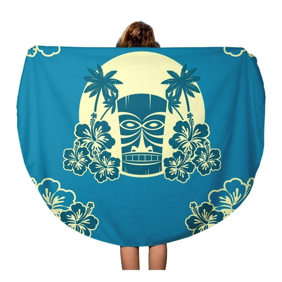 JSDART 60 inch Round Beach Towel Blanket Tiki Aloha Hawaiian Bar Dan Flower Mask Tribal Beach Travel Circle Circular Towels Mat Tapestry Beach Throw