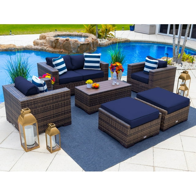 Sorrento 6-Piece M Resin Wicker Outdoor Patio Furniture Lounge Sofa Set in Brown w/ Loveseat Sofa, Two Armchairs, Two Ottomans, and Coffee Table (Flat-Weave Brown Wicker, Sunbrella Canvas Navy)