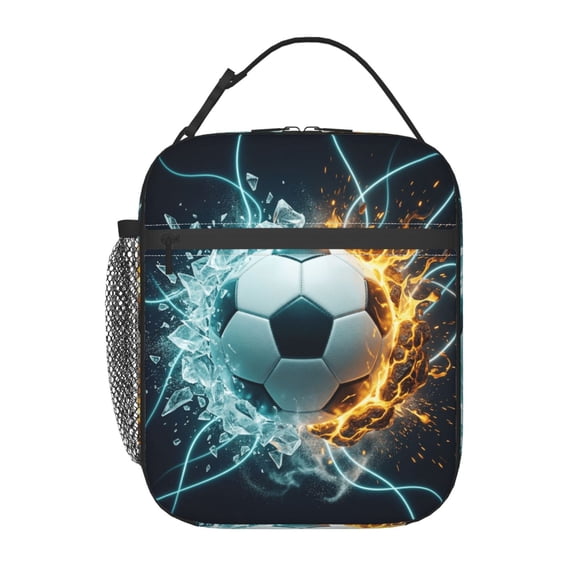 Soccer Insulated Lunch Box With Fire Soccer Pattern Print, Sports-themed Lunch Bags With Water Bottle Holder For Women Men, Reusable Portable Tote Meal Bags