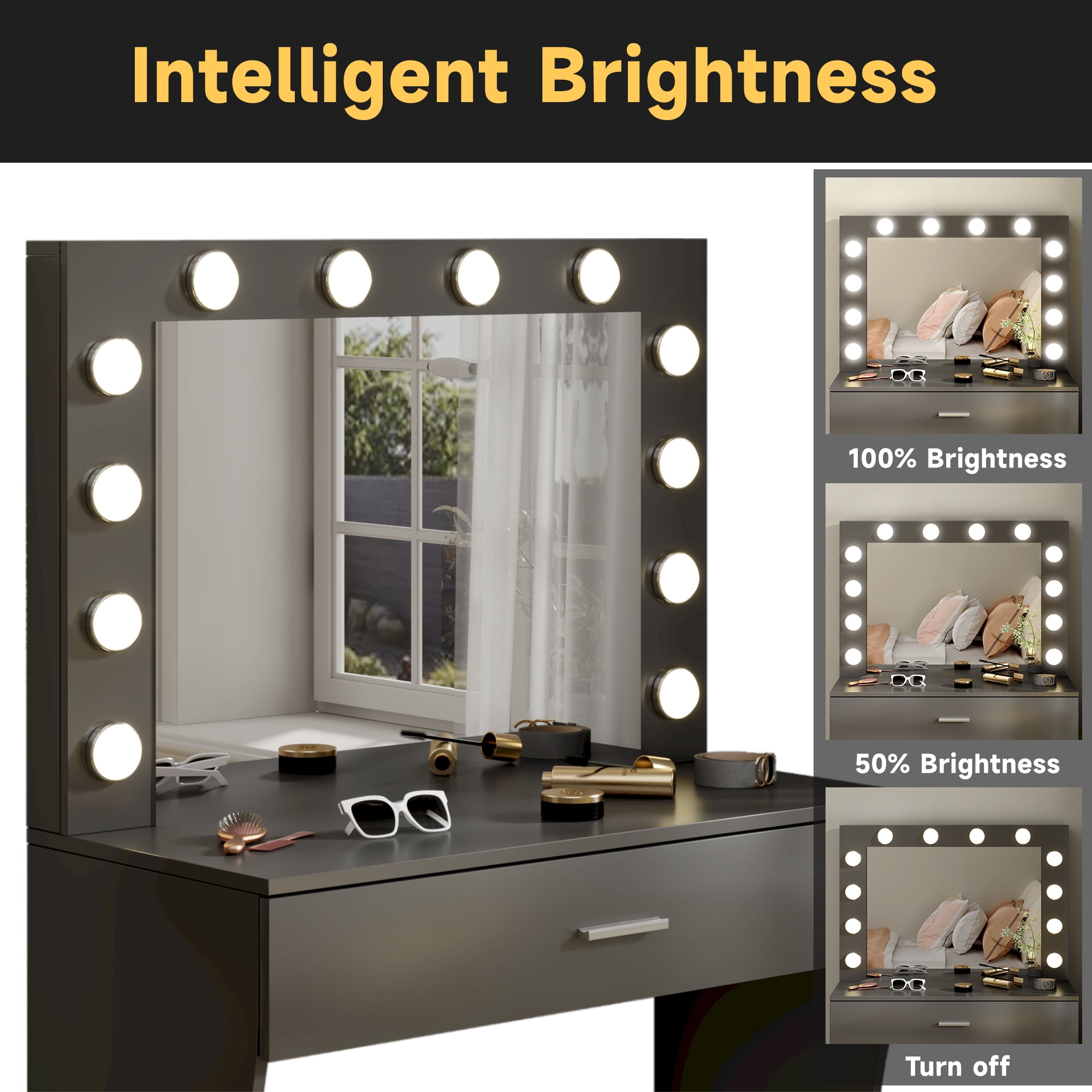 VEANERWOOD Modern Vanity Table with Lighted Mirror and Stool, Black Finish, for Bedroom