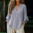 thumbnail image 4 of Hilenly Boho Tops for Women 3/4 Ruffle Sleeve Blouse V Neck Cotton Linen Shirts Tunic Shirts, 4 of 10