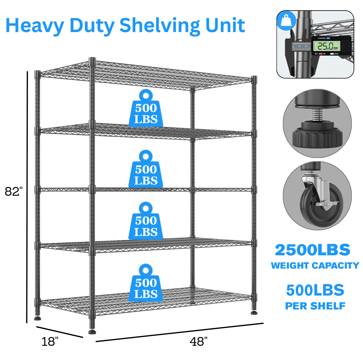 Legooin 18x48x82 inch Heavy Duty Wire Shelving Unit Industrial Residential Stainless Steel Shelf Storage Rack for Garage Pantry, Black