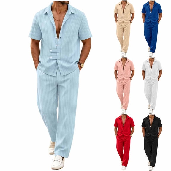 Men 2 Piece Vertical Textured Loose Matching Outfit, Lapel Collar Button Down Short Sleeve Shirt & Drawstring Waist Wide Leg Long Pants Summer Beach Tracksuit Light Blue