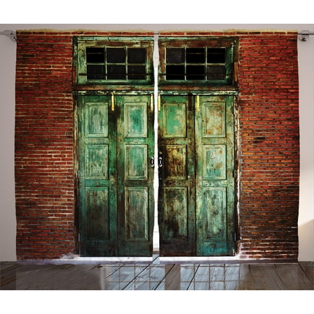 Na Front Panel - Rustic Curtains 2 Panels Set, Rusty Old Door of Red Brick Wall House Dirty Doorway Front Exist Retro Textured Art Photo, Window Drapes for Living Room Bedroom, 108W X 84L Inches, Green, by Ambesonne