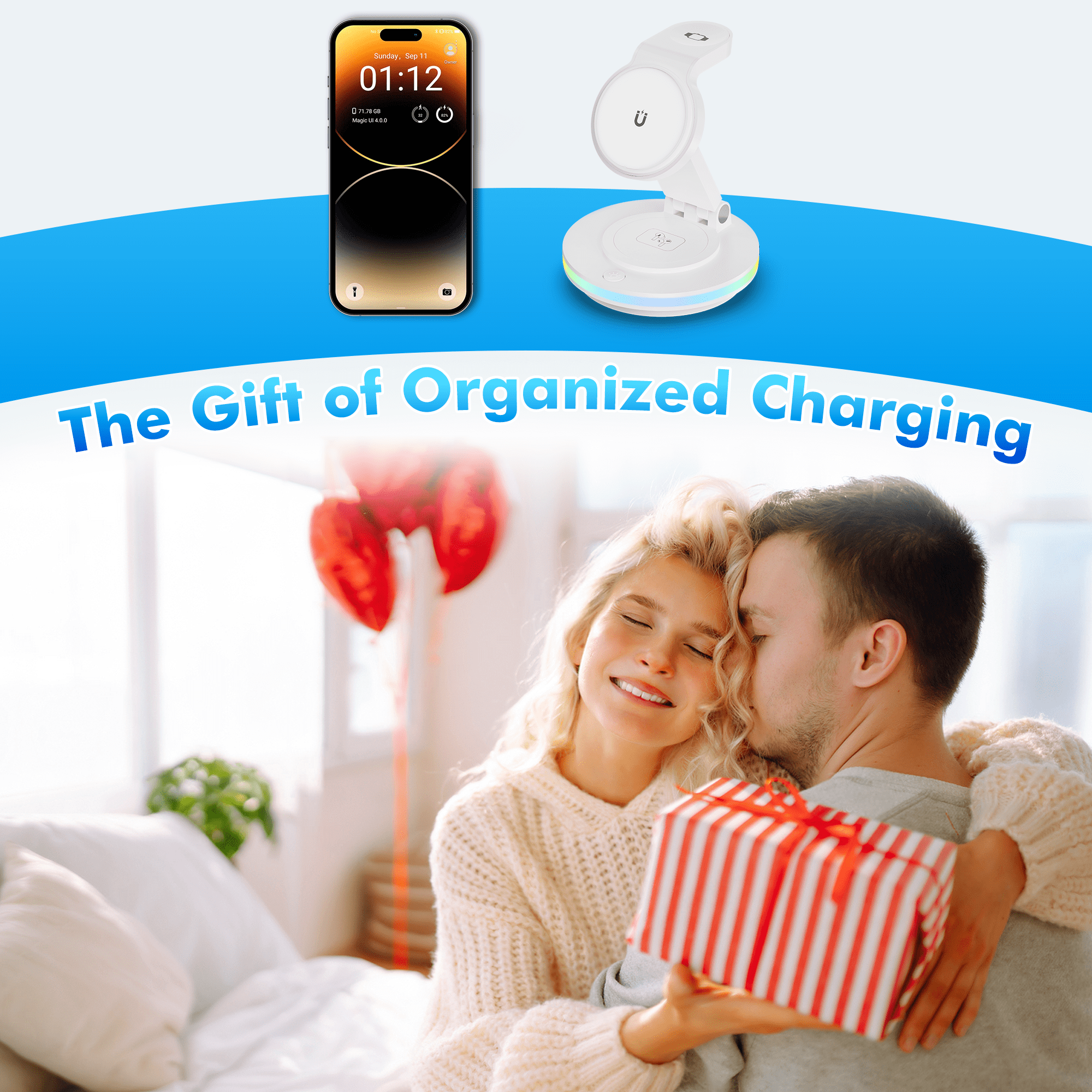 OWNTECH 20W 3-in-1 Wireless Charging Station Compatible with iPhone 16/15/14/Pro/Max, Apple Watch, AirPods Pro/4/3/2 - Fast Charger Pad with Night Light & Adapter Included (White)