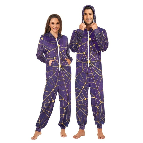 Halloween Webs Golden Adult Onesie Pajamas Slim Fit Christmas One Piece Suit Pjs for Women and Men Hooded Zipper