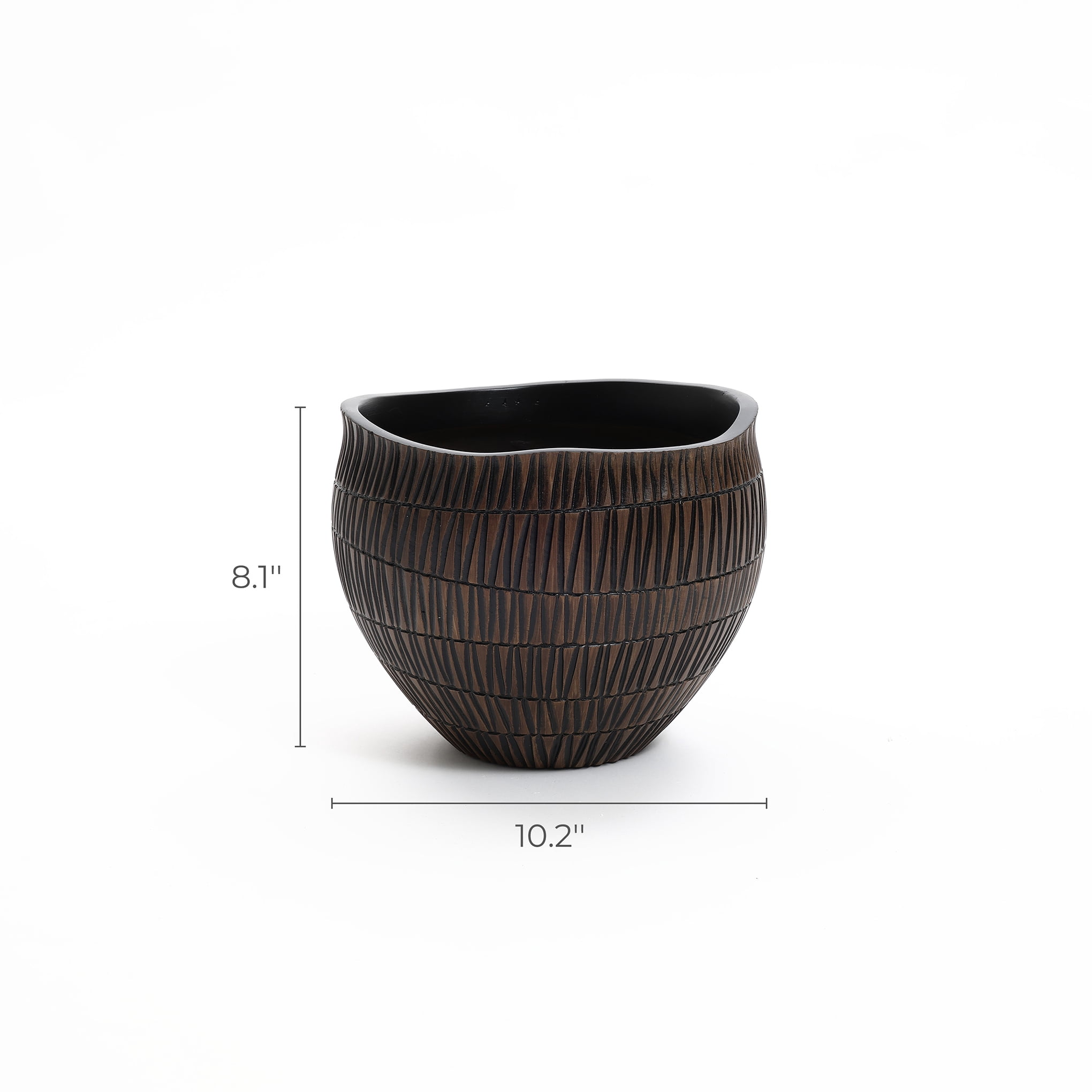 LuxenHome Brown with Black V-Pattern Polyresin 10-Inch Round Planter