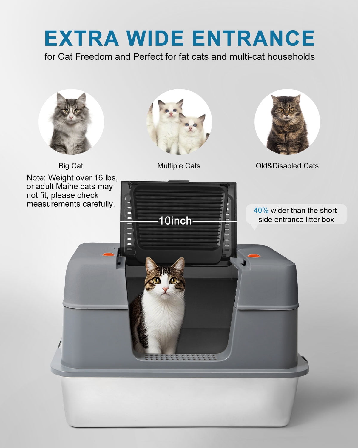 Stainless Steel Litter Box, XL Side Entry Extra Large Litter Box with Lid for Big Cats & Kitty, Removable Enclosed Metal Cat Pan with High Sided Enclosure, Scoop, Mat, Footboard (Black)