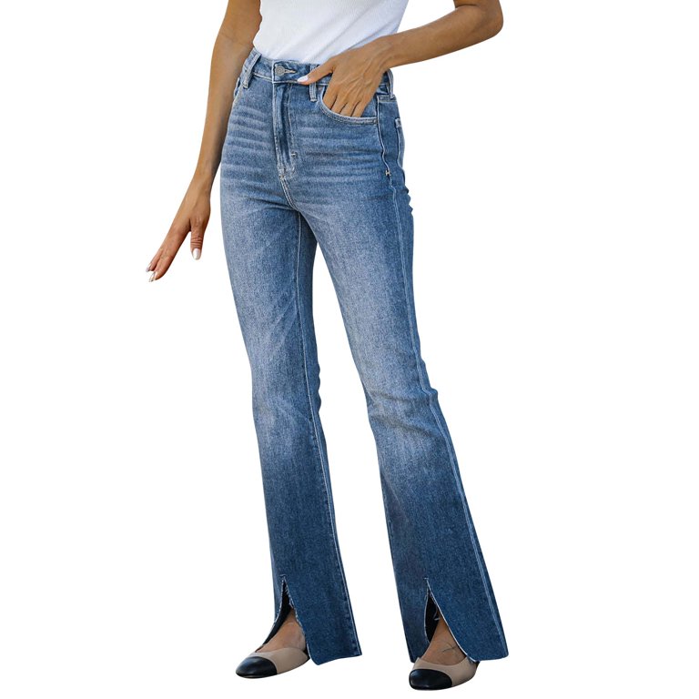 Dark Blue High Waist Flare Jeans, Slash Pockets Slim Fit High Rise Bell  Bottom Raw Hem Denim Pants, Women's Denim Jeans & Clothing
