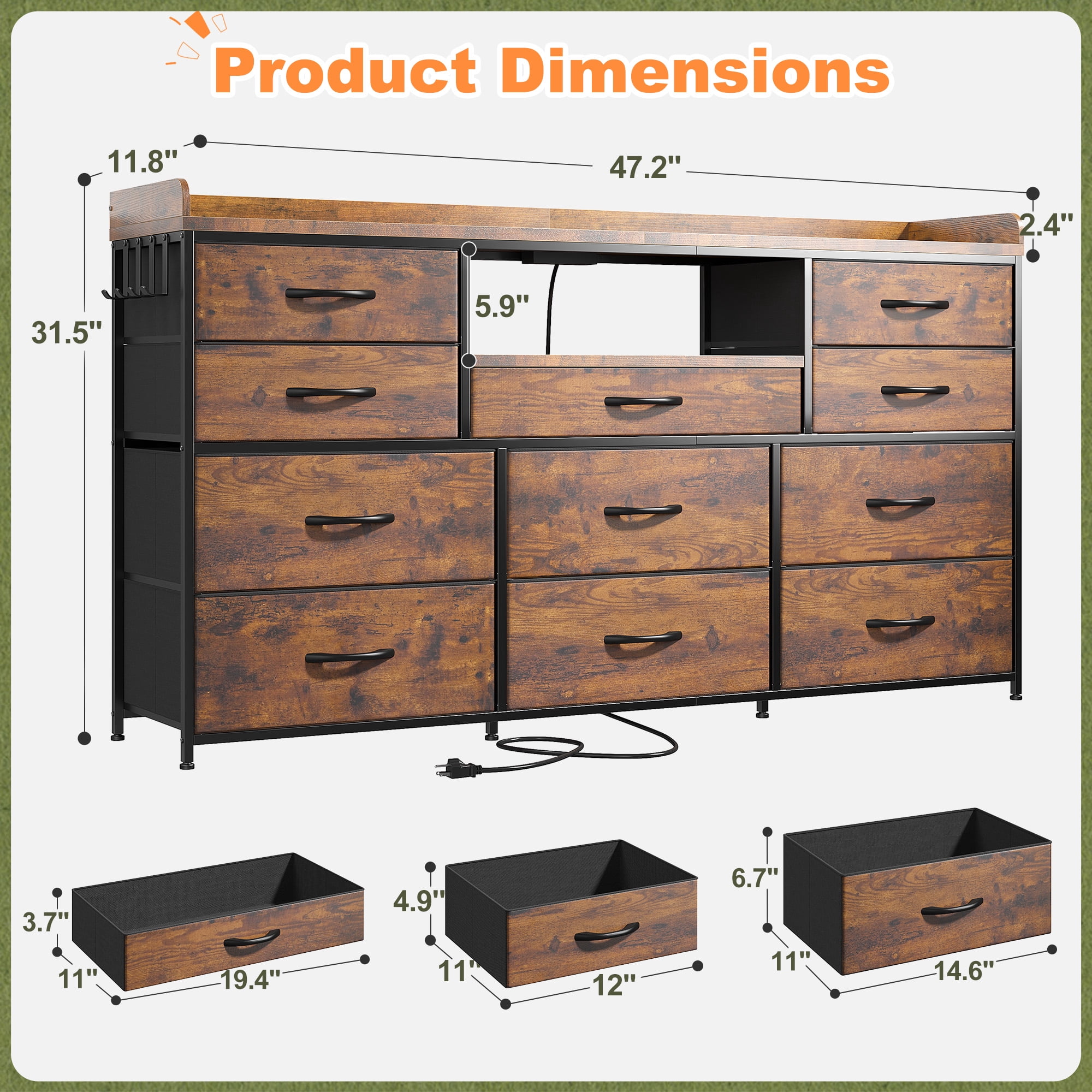 Dresser for Bedroom with 11 Drawers for 60" TV Stand with LED Lights & Charging Station Wide Dresser with Shelves & 4 Hooks Sturdy Metal Frame & Fabric & Wood Top,Rustic Brown