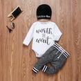 thumbnail image 4 of Faithtur Baby Boy 3PCS Outfit Set Letter Romper Long Straps Pants Beanie Hat, 4 of 8