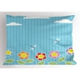 thumbnail image 1 of Dragonfly Pillow Sham Kids Playroom Children Floral Girls Daisy Blooms under Cloudy Sky Cartoon, Decorative Standard King Size Printed Pillowcase, 36 X 20 Inches, Sky Blue White, by Ambesonne, 1 of 2