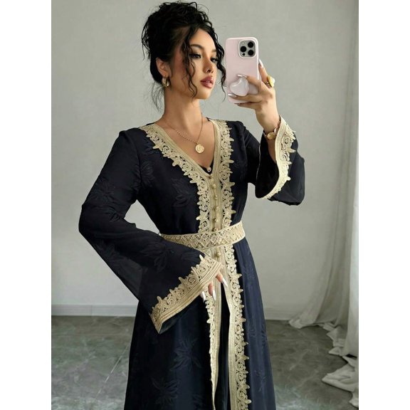 Black V-Neck Long Sleeve Gold Lace Patchwork Long Dress For Women