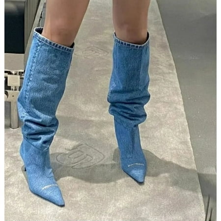 

SHYWJJ Pointed denim pleats over the knee and stacked boots denim light color
