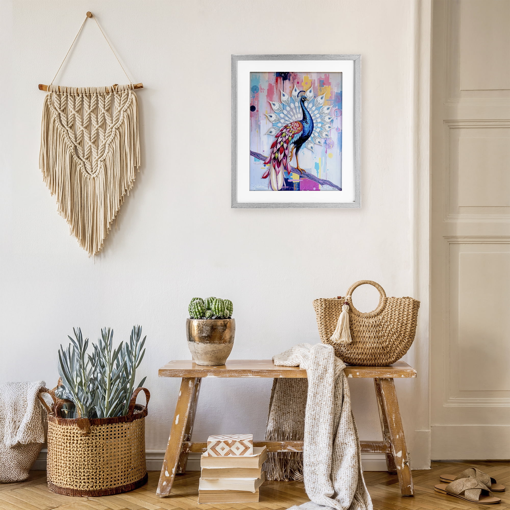 Stupell Industries Radiant Peacock on Branch Gray Framed Print Under Glass, design by Tabz Jones