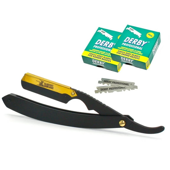 Classic Samurai CS-102 Matte Black Golden Head Stainless Steel Professional Barber Straight Edge Razor with 200 Derby Single Edge Razor Blades