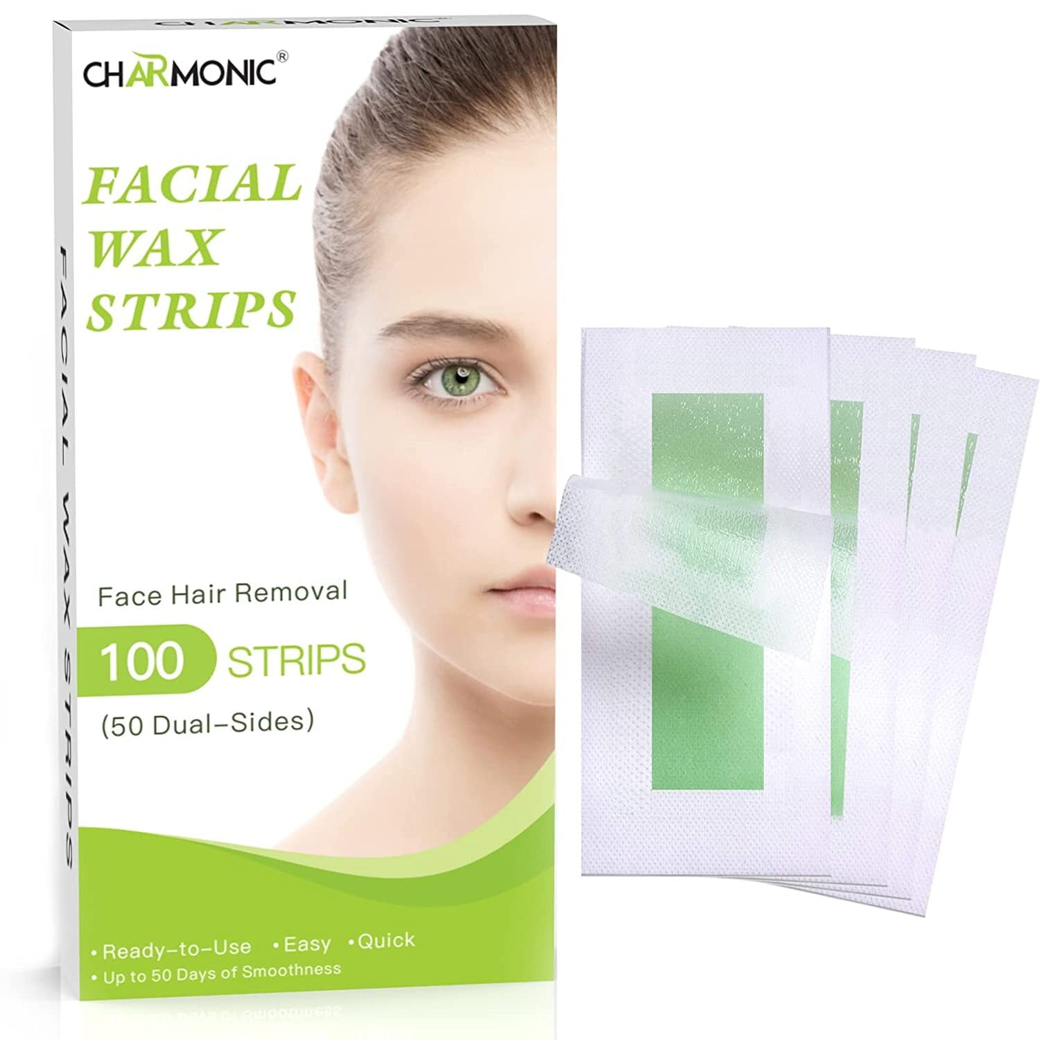 Charmonic 100pcs Natural Facial Wax Strips Hypoallergenic Hair Removal  Waxing Kit for All Skin Types 