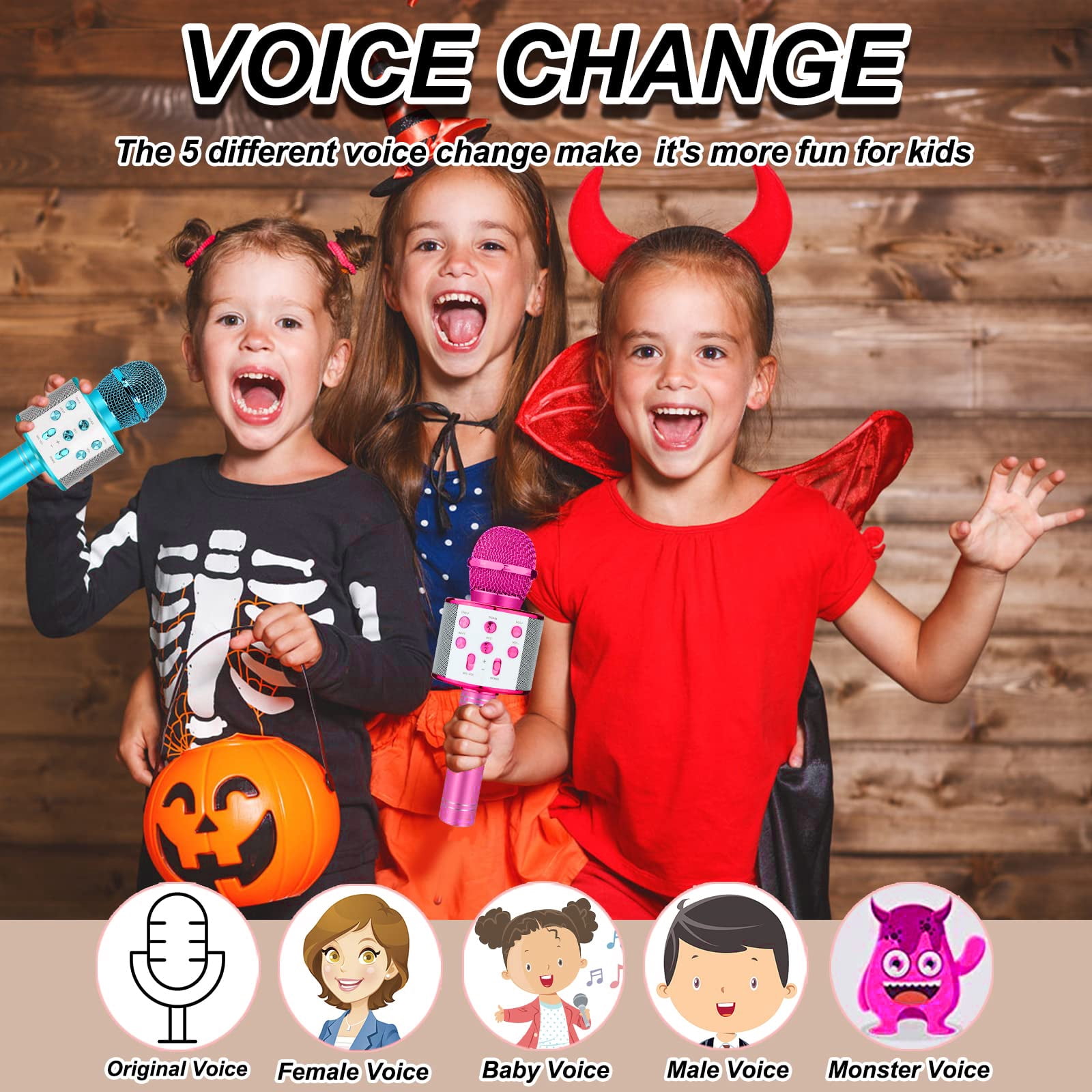 DAKIMOE Wireless Bluetooth Karaoke Microphone, Portable Handheld Singing Microphone for Kids Adults with Stereo Speaker and Voice Changer for All Smartphones, Gifts for Girls Kids Adults, Blue