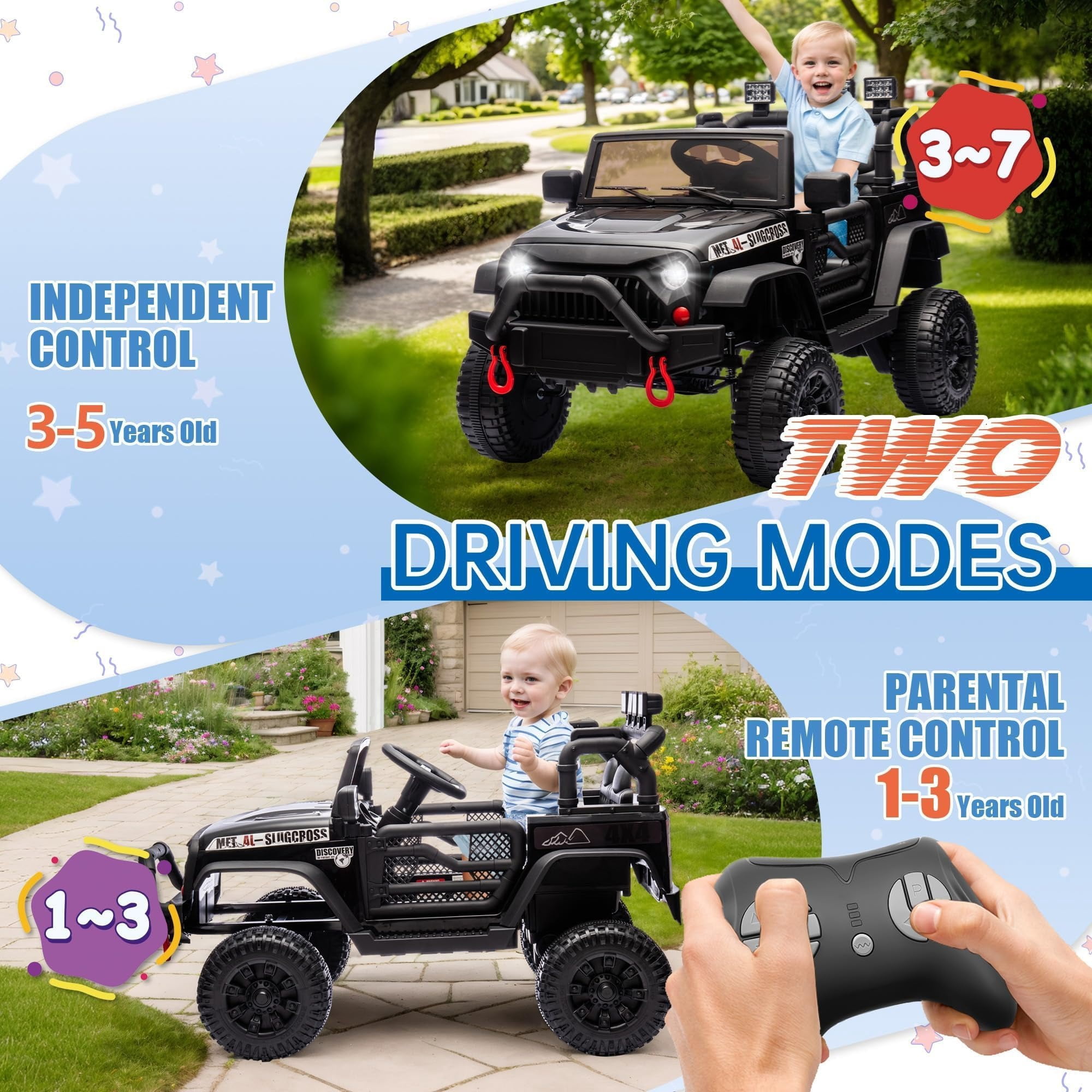 DYNALUNE  24V Kids Ride on Jeep, 400W Battery Powered Car with 4-Wheel Suspension & Music