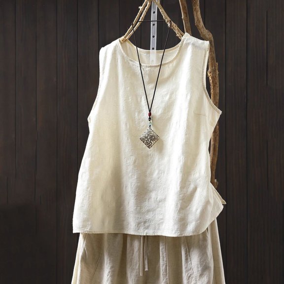 Ailaofu Natural Linen Sleeveless Tank Tops Basic Summer Casual Crewneck Blouse