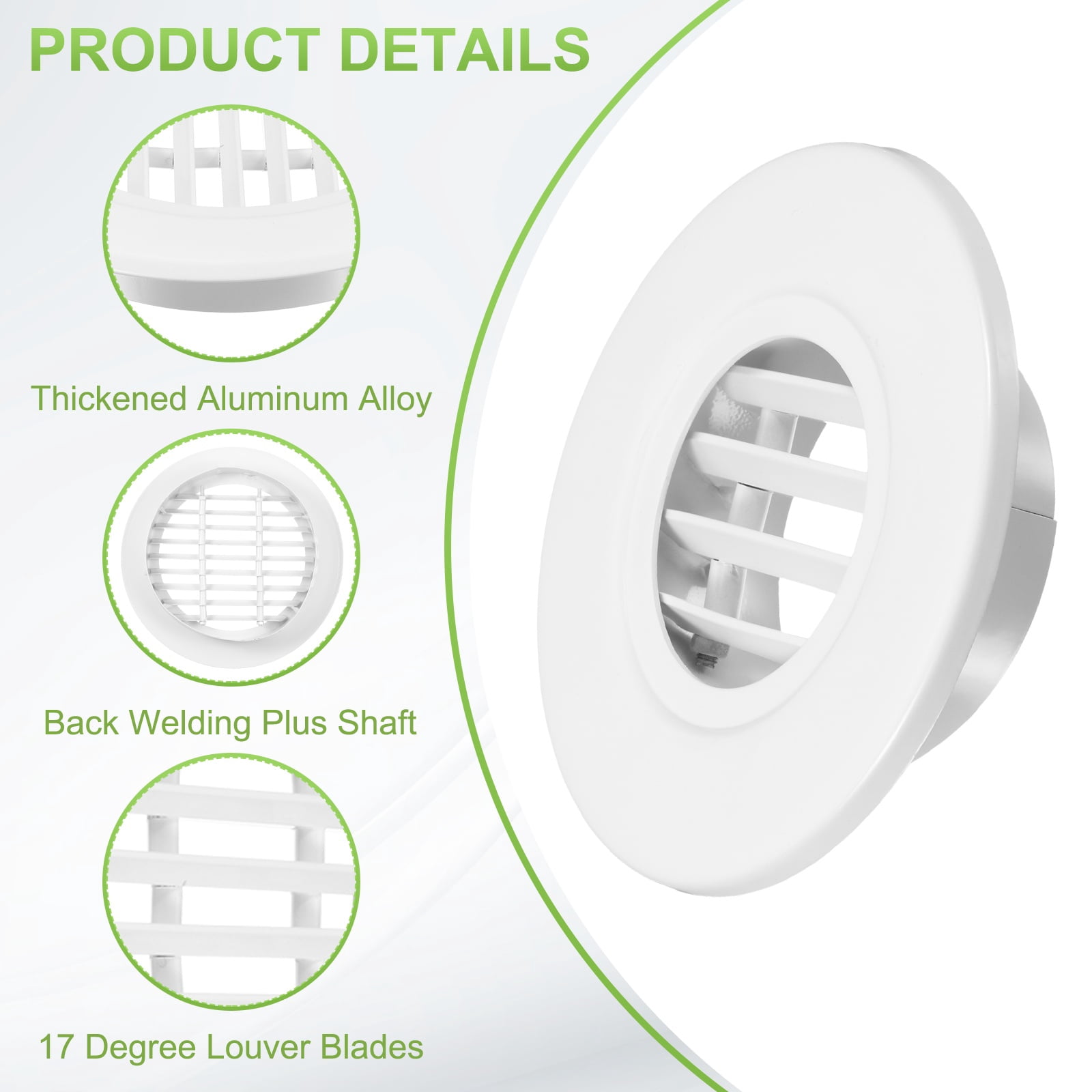Uxcell 3.9" Round Air Vent, 17 Degrees Louver Grille Cover Aluminum Alloy Soffit Vent HVAC Ventilation for Ceiling Wall Roofing Bathroom Kitchen Garage Duct Shed Garage, White