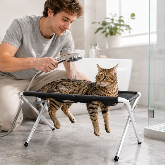 Pet Grooming Bath Hammock, Elevated Foldable Pet Care Table with Mesh Surface, Detachable Stainless Steel Frame for Small Medium Dogs Cats Indoor Bathing