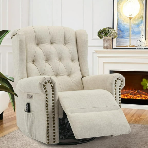VIVIJASON Power Swivel Rocking Recliner Chair with Massage & Heat, Electric Rocker Glider Chair for Nursery, Wingback Tufted Upholstered Recliner W/Type-C & USB Ports for Living Room, Bedroom, Beige