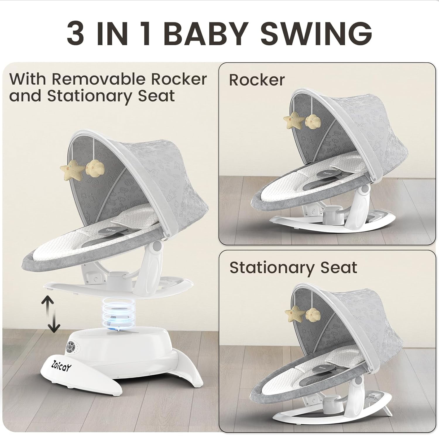Zoicay 3-in-1 Foldable Portable Baby Swing, Newborn Infant Bouncer Rocker Seat for 0-12 Months, Remote Controlled Baby Rocker, 5 Adjustable Swing Speeds, 3 Sound Modes, Bluetooth Speaker, Easy Fold S