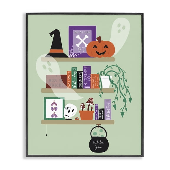 Stupell Industries Witchy Halloween Bookshelf Holiday Painting Black Framed Art Print Wall Art, 11 x 14