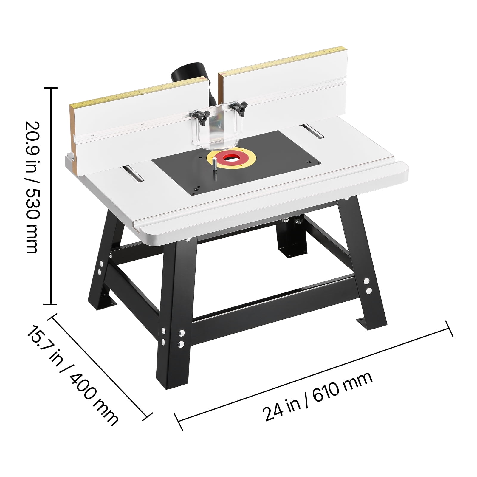 KFFKFF Tabletop Router Stand, Dimensions 24 in x 15.7 in, Tabletop Routing Stand with Modifiable Barrier, MDF Surface, Robust Metallic Foundation, 2-1/2 in Debris Gathering Outlet