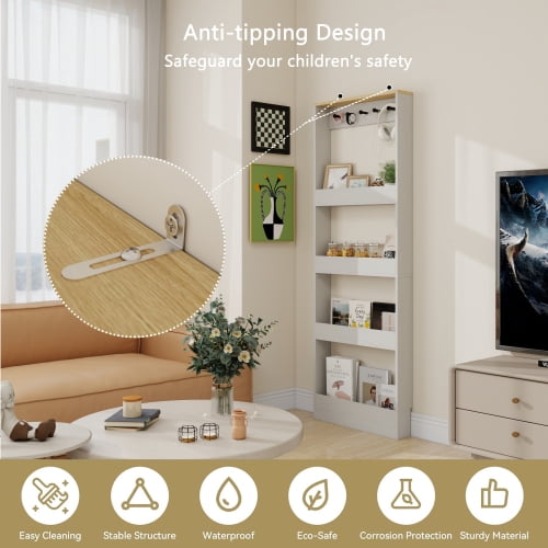 69" Tall Bookcase behind the Door with 4 Shelves and 5 Hooks, Space-Saving Narrow Storage Cabinet for Living Room, Bedroom, Hallway, Antique White