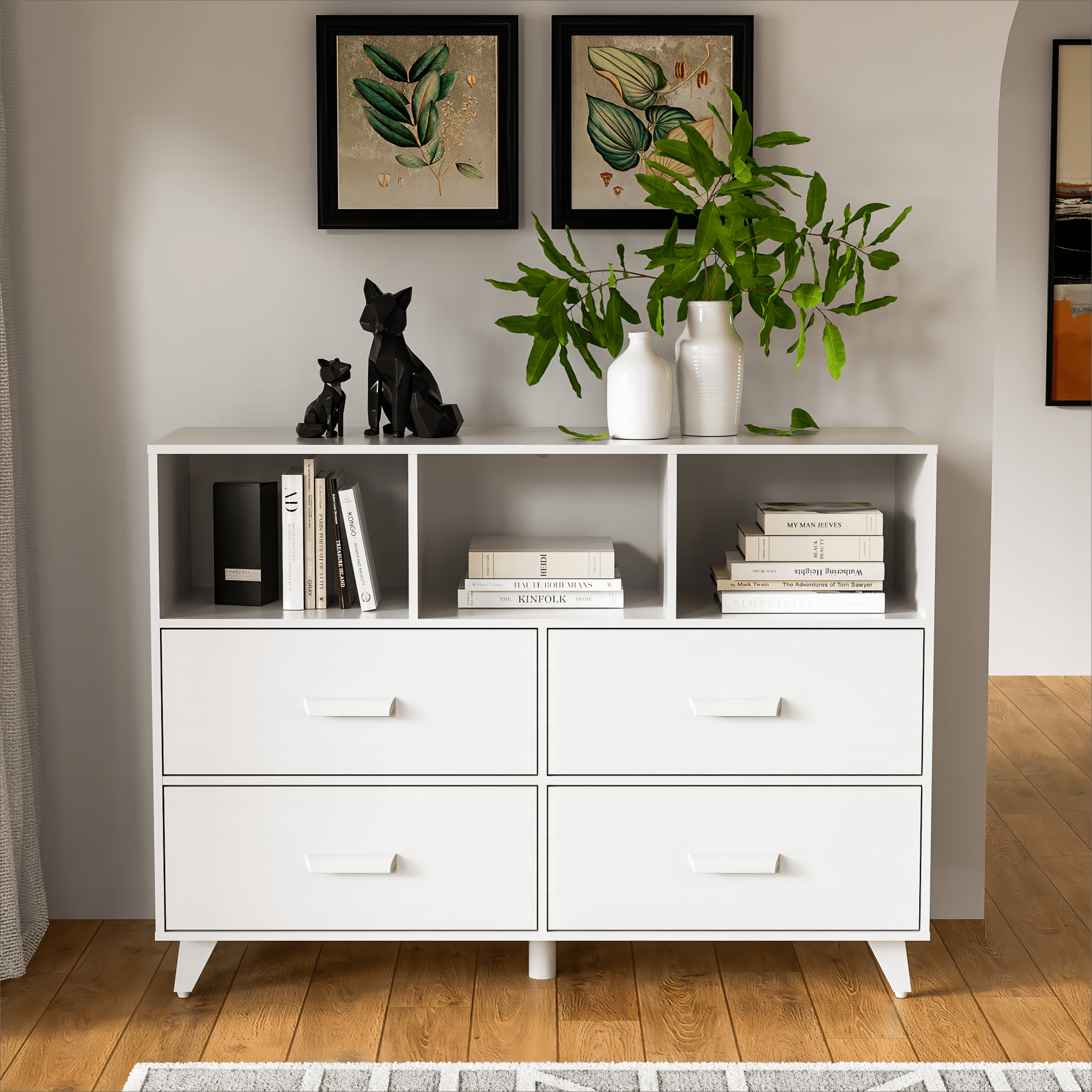 Cozy Castle White Dresser for Bedroom, 4 Drawers Chest with 3 Open