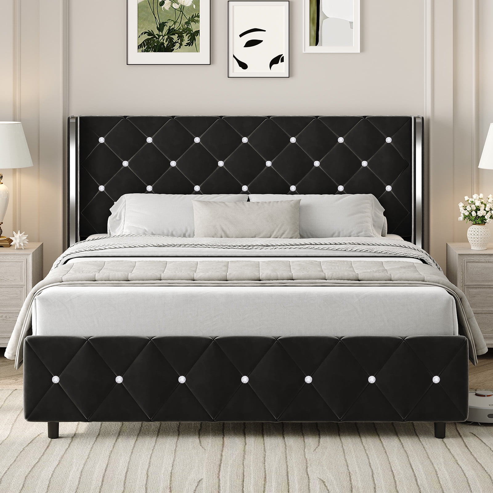 4 EVER WINNER Queen Size Black Upholstered Bed Frame with Silver Trim & Button Tufting, Velvet Platform Bed, No Box Spring Needed, Noise-Reduced Mattress Base