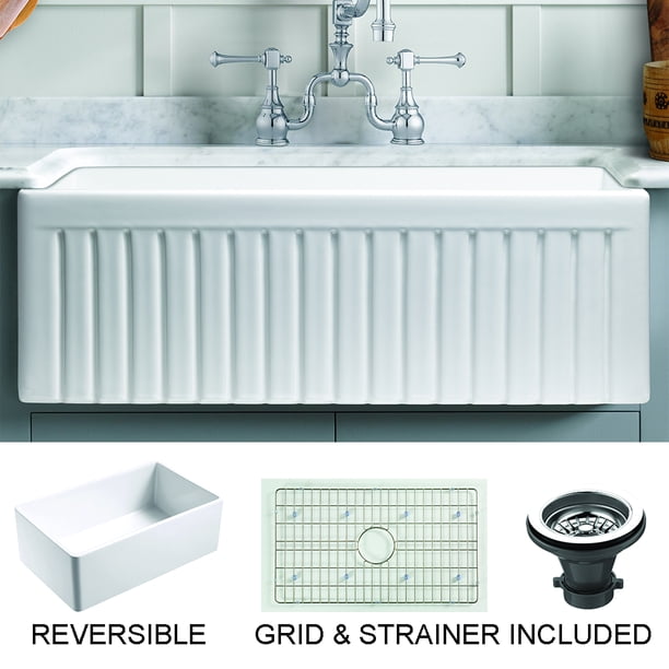 Sutton Place Farmhouse Fireclay 30 Kitchen Sink With Grid And Strainer In White Walmart Com Walmart Com