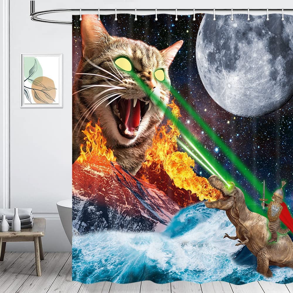 Funny Cat Shower Curtain, Cat Riding Dinosaur with Moon Fabric Shower ...