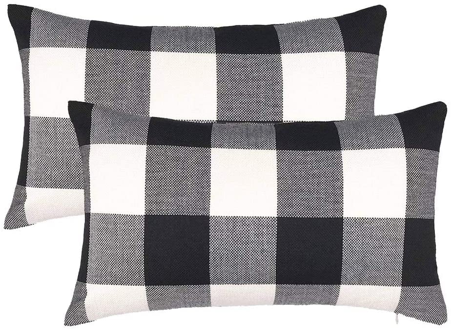 Black/White, 12 x 20 SEEKSEE Set of 2 Buffalo Check Black and White Plaid Throw Pillow Covers Cushion Cover Cotton Linen for Fall Farmhouse Christmas Home Decor