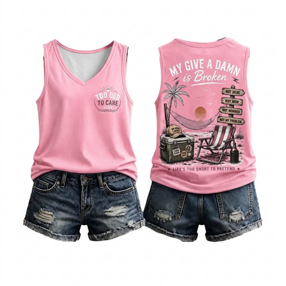 HCYSFG Womens My Give A Damn Is Broken Shirt Too Old To Care Club V Neck Coast Landscape Sleeveless Tank Top Summer Daily Wear Casual Vest
