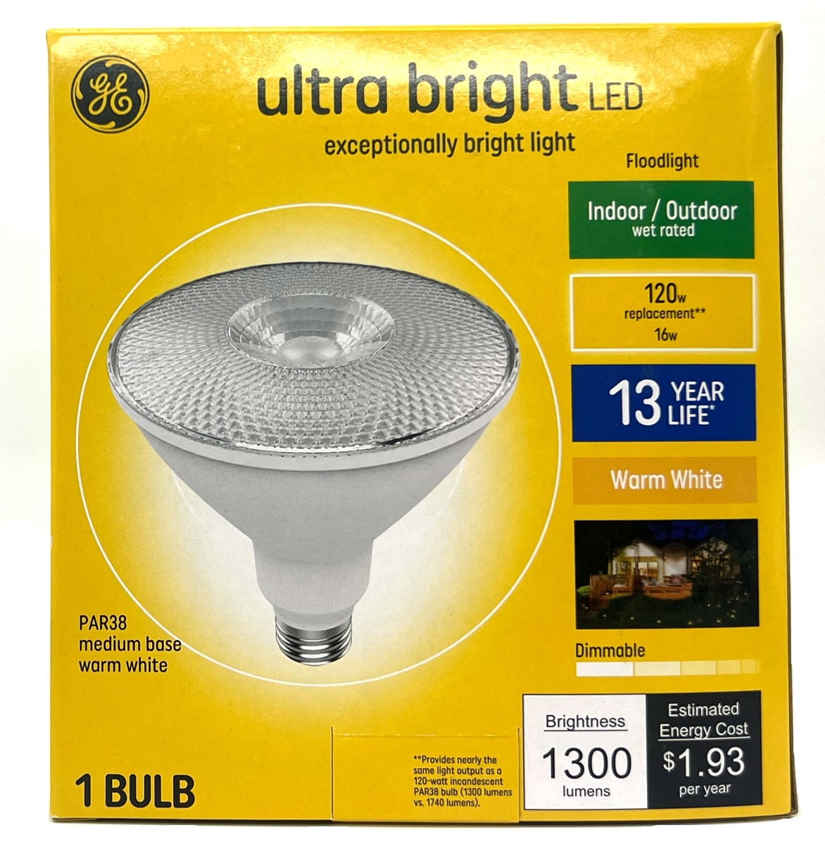 (case of 3) GE ultra bright LED PAR38, 16 watts, 1300 lumens, Dimmable, Indoor and Outdoor rated, Warm White 3000K, Medium base, UltraBright LED Light Bulb