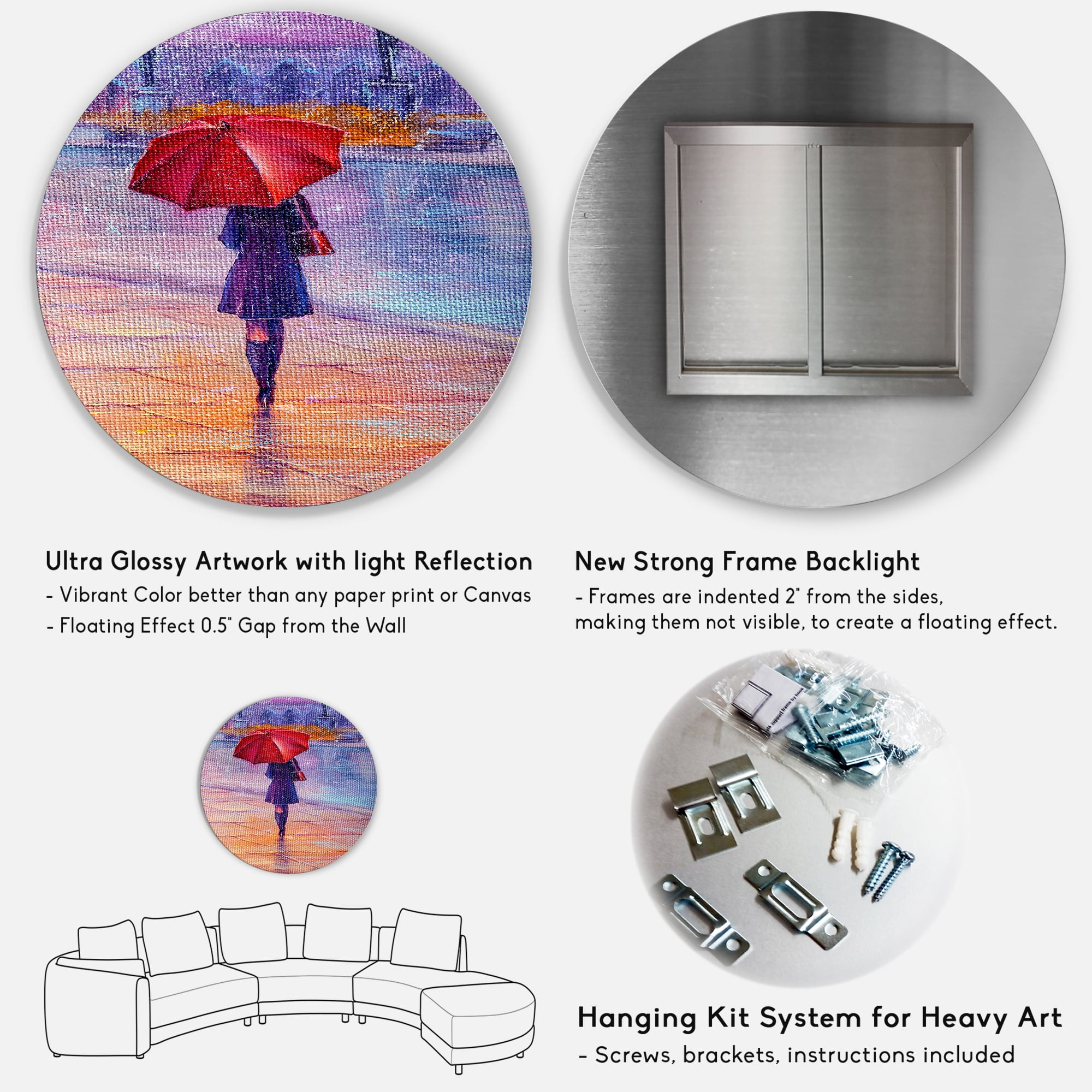 Designart 'Girl Walking With Red Umbrella Under The Rain' French Country Circle Metal Wall Art 36x36 - Disc of 36