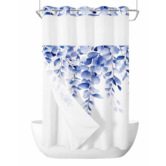 No Hook Shower Curtain with Snap-in Liner, Blue Eucalyptus Waterproof Fabric Bathroom Curtains, Botanical Plant Rustic Succulent Branch Bath Curtains & Mesh Top Window Stand Up Stall 54"x78"