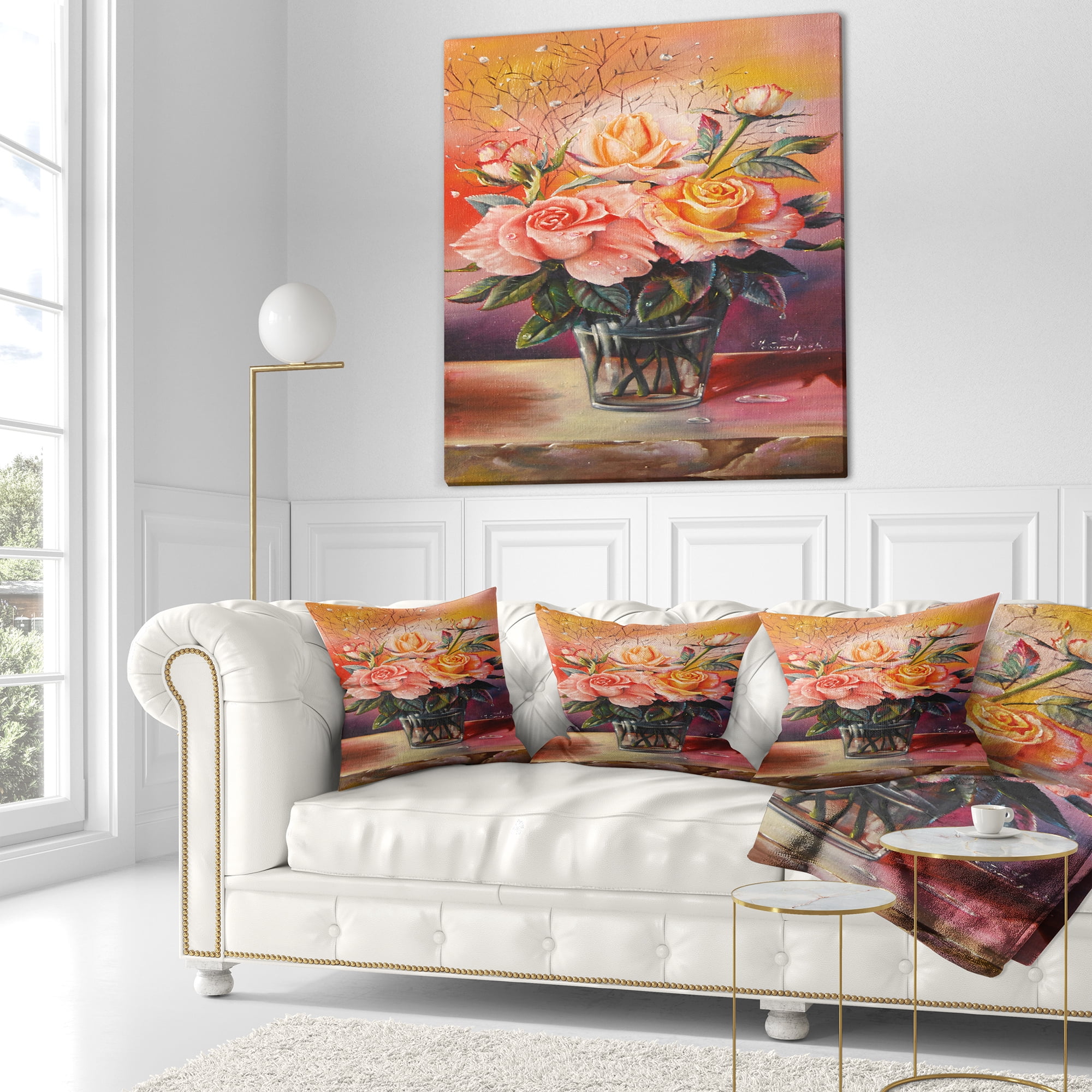 Designart Roses on Marble Table - Floral Throw Pillow - 18x18