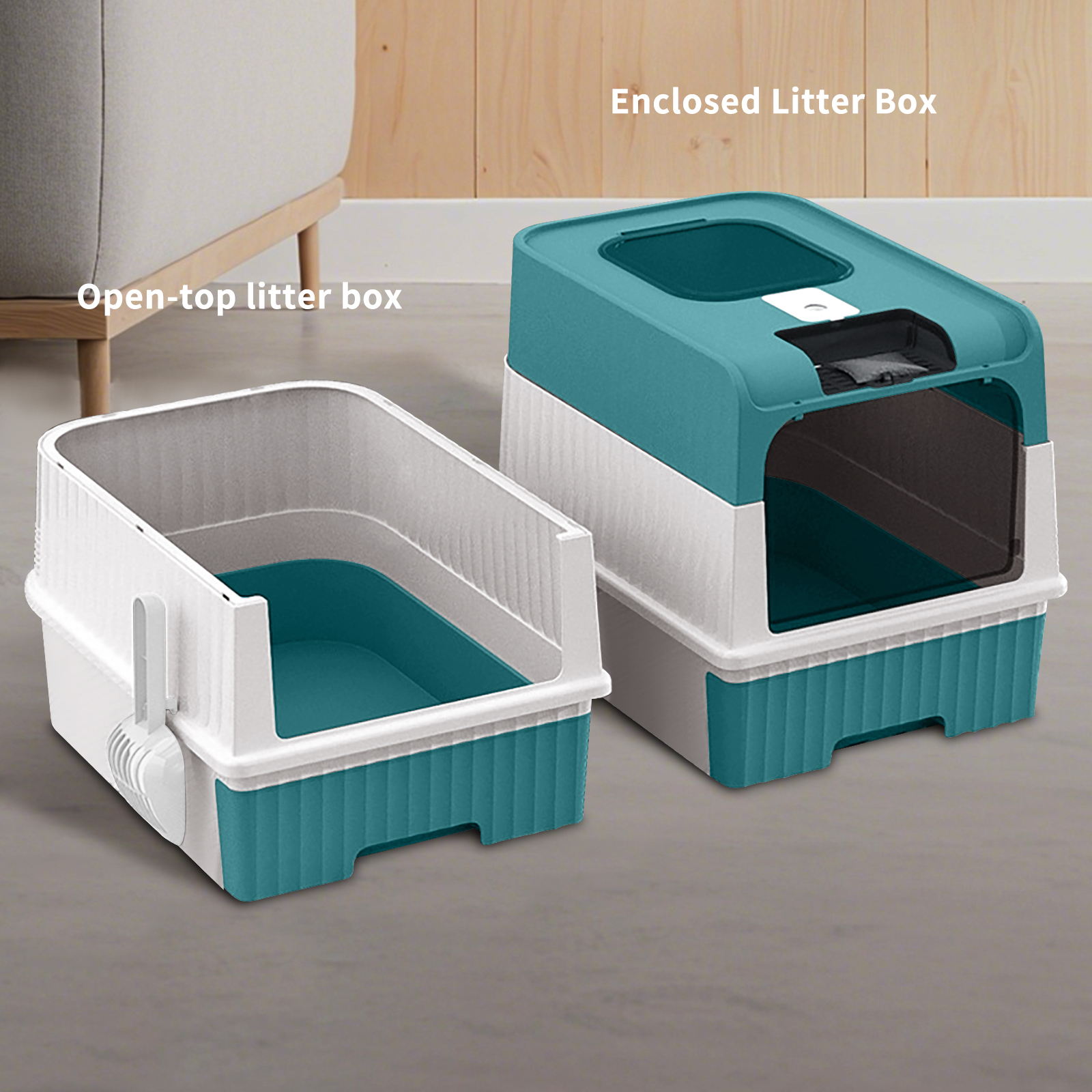 AsterOutdoor Enclosed Cat Litter Box, Blue, Large photo 6