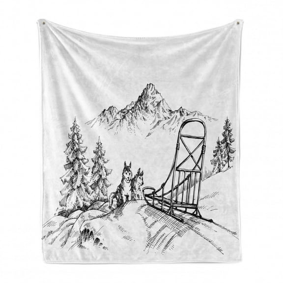 Alaskan Malamute Soft Flannel Fleece Blanket, Mountain Landscape in Winter Sledding Dogs Pine Trees Wilderness Art, Cozy Plush for Indoor and Outdoor Use, 50" x 60", Black and White, by Ambesonne