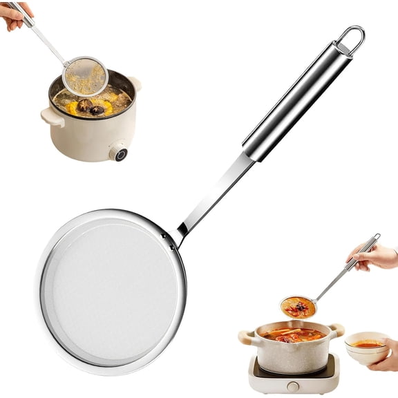 stainless steel spider strainer scoop for deep wok fat straining spoon, slotted ladle with holes,kitchen cooking utensil mesh skimmer(100 mesh,Small)