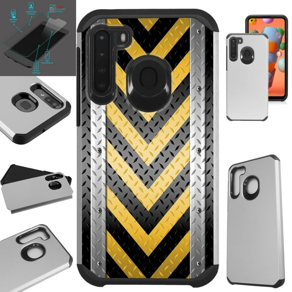 WORLD ACC Fusion Phone Case Compatible with Samsung Galaxy A21 + TEMPERED GLASS Hybrid TPU Phone Cover (Yellow Arrow Crosshatch)