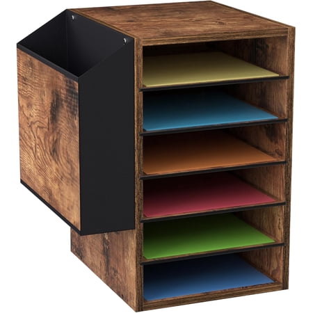 6 Tier Adjustable Countertop Mail Sorter, Mailboxes With Name Slots, Literature Organization Paper Storage Slot, Office Desk File Organizer, Wooden Desktop Mailbox for Classroom, Rustic Brown