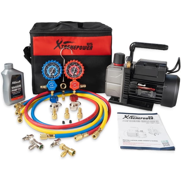 XtremepowerUS 4.5 CFM Vacuum Pump & Manifold Gauge Set, 1/3 HP HVAC Refrigerant Service Kit with Hoses & Can Taps