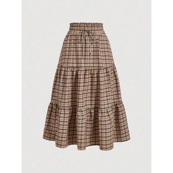 Womens Khaki Plaid Tiered Ruffle A-Line Skirt With Drawstring Waist